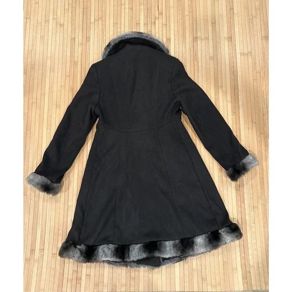 Rothschild Black Winter Dress Coat W/ Black & Gray Faux Fur Trim Sz 10 Girl